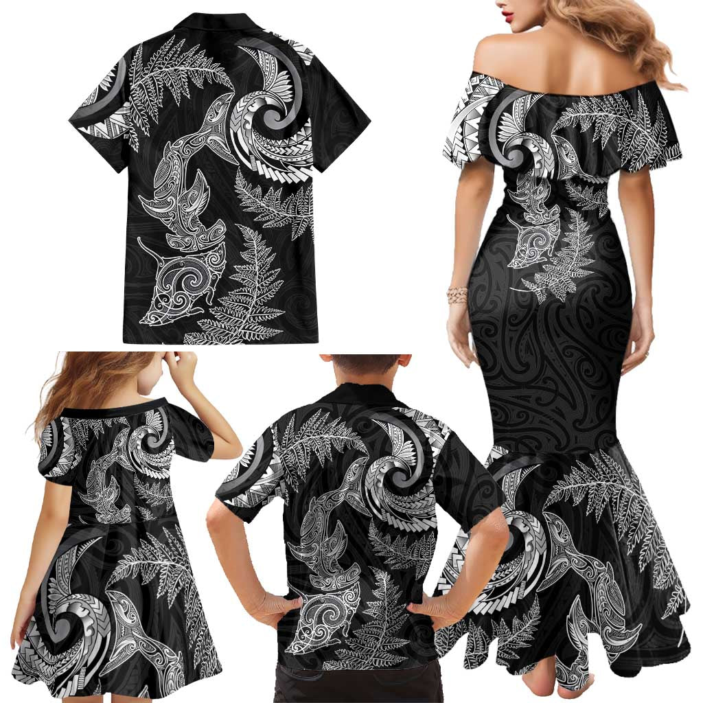 New Zealand Sea Animals with Maori Tribal Tattoo Family Matching Mermaid Dress and Hawaiian Shirt Shark Manta Ray with Silver Fern Black