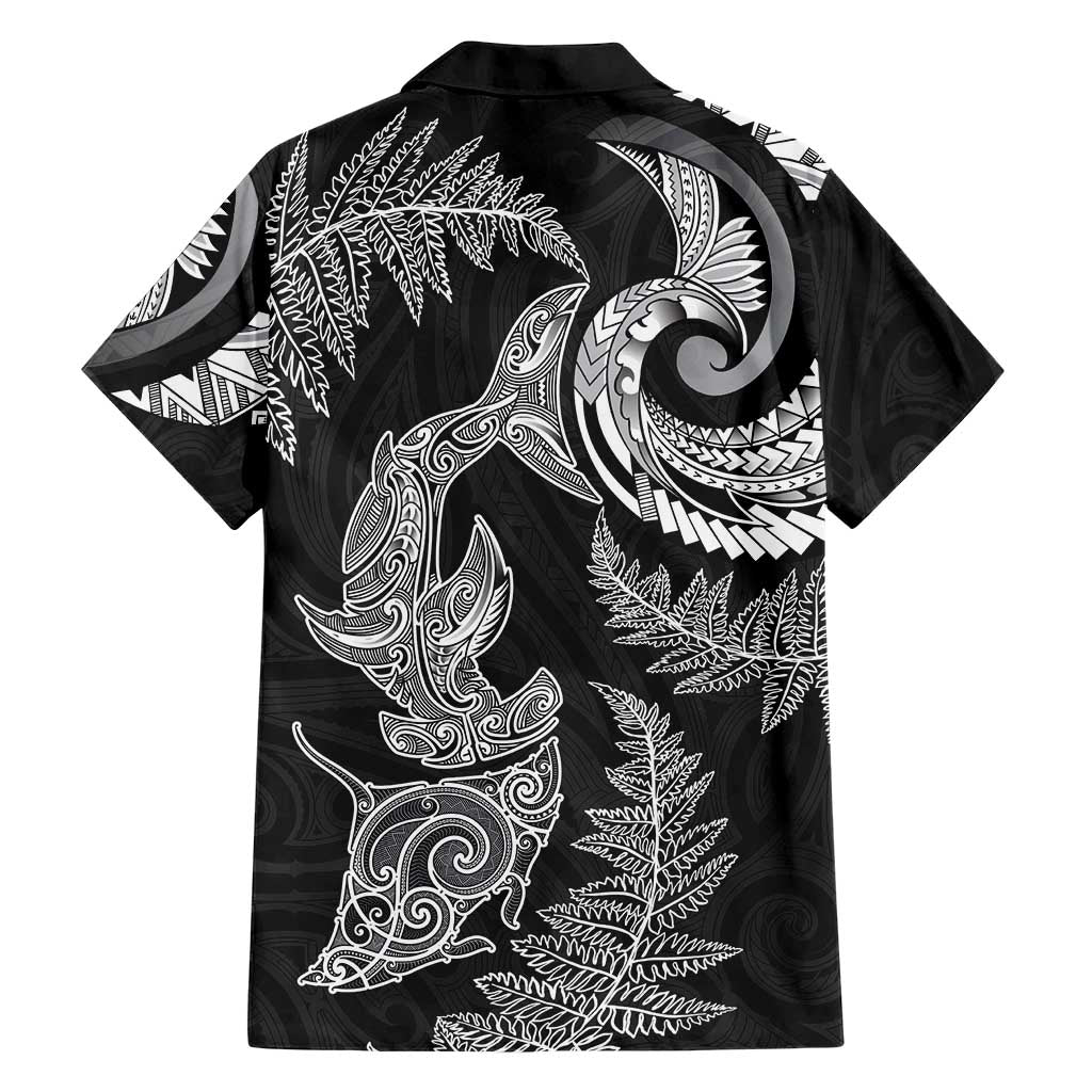 New Zealand Sea Animals with Maori Tribal Tattoo Family Matching Mermaid Dress and Hawaiian Shirt Shark Manta Ray with Silver Fern Black