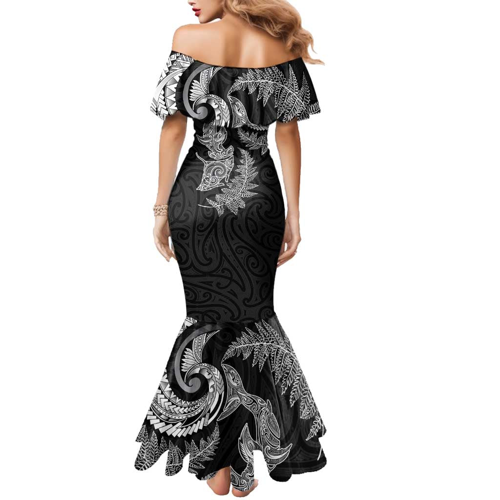 New Zealand Sea Animals with Maori Tribal Tattoo Family Matching Mermaid Dress and Hawaiian Shirt Shark Manta Ray with Silver Fern Black