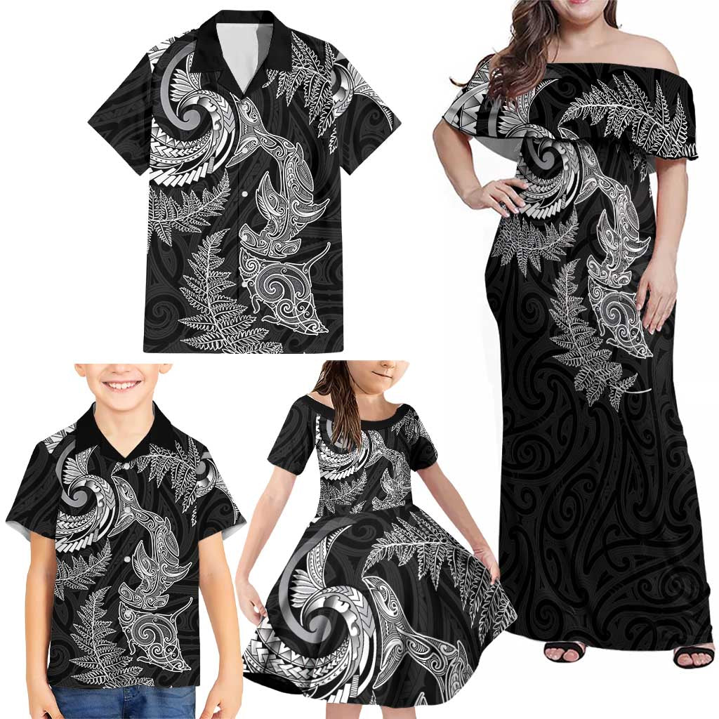 New Zealand Sea Animals with Maori Tribal Tattoo Family Matching Off Shoulder Maxi Dress and Hawaiian Shirt Shark Manta Ray with Silver Fern Black