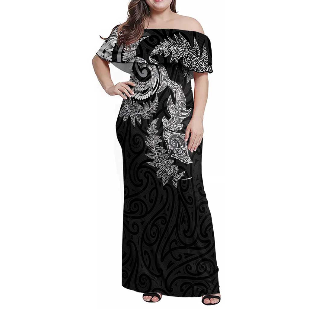 New Zealand Sea Animals with Maori Tribal Tattoo Family Matching Off Shoulder Maxi Dress and Hawaiian Shirt Shark Manta Ray with Silver Fern Black