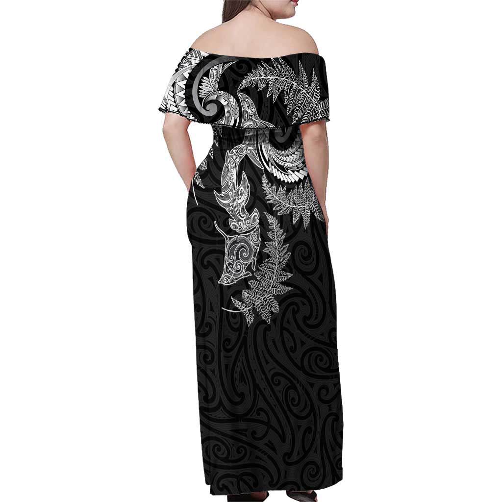New Zealand Sea Animals with Maori Tribal Tattoo Family Matching Off Shoulder Maxi Dress and Hawaiian Shirt Shark Manta Ray with Silver Fern Black