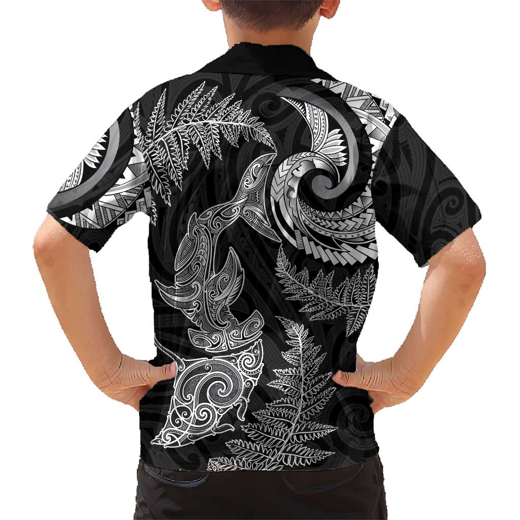 New Zealand Sea Animals with Maori Tribal Tattoo Family Matching Off Shoulder Short Dress and Hawaiian Shirt Shark Manta Ray with Silver Fern Black LT03 - Polynesian Pride
