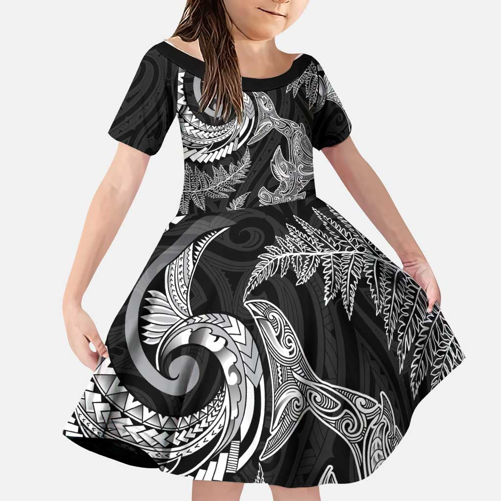 New Zealand Sea Animals with Maori Tribal Tattoo Family Matching Off Shoulder Short Dress and Hawaiian Shirt Shark Manta Ray with Silver Fern Black LT03 Daughter's Dress Black - Polynesian Pride