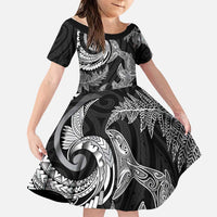 New Zealand Sea Animals with Maori Tribal Tattoo Family Matching Off Shoulder Short Dress and Hawaiian Shirt Shark Manta Ray with Silver Fern Black LT03 Daughter's Dress Black - Polynesian Pride