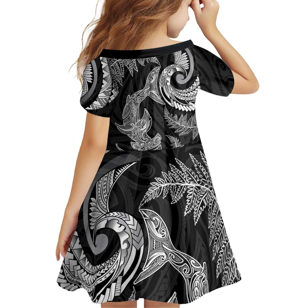 New Zealand Sea Animals with Maori Tribal Tattoo Family Matching Off Shoulder Short Dress and Hawaiian Shirt Shark Manta Ray with Silver Fern Black LT03 - Polynesian Pride