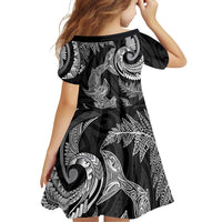 New Zealand Sea Animals with Maori Tribal Tattoo Family Matching Off Shoulder Short Dress and Hawaiian Shirt Shark Manta Ray with Silver Fern Black LT03 - Polynesian Pride