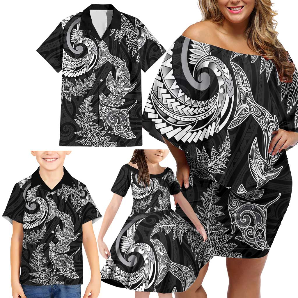 New Zealand Sea Animals with Maori Tribal Tattoo Family Matching Off Shoulder Short Dress and Hawaiian Shirt Shark Manta Ray with Silver Fern Black LT03 - Polynesian Pride