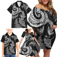 New Zealand Sea Animals with Maori Tribal Tattoo Family Matching Off Shoulder Short Dress and Hawaiian Shirt Shark Manta Ray with Silver Fern Black LT03 - Polynesian Pride