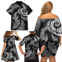 New Zealand Sea Animals with Maori Tribal Tattoo Family Matching Off Shoulder Short Dress and Hawaiian Shirt Shark Manta Ray with Silver Fern Black LT03 - Polynesian Pride