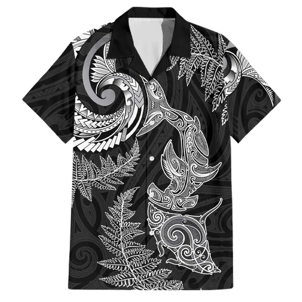 New Zealand Sea Animals with Maori Tribal Tattoo Family Matching Off Shoulder Short Dress and Hawaiian Shirt Shark Manta Ray with Silver Fern Black LT03 Dad's Shirt - Short Sleeve Black - Polynesian Pride