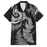 New Zealand Sea Animals with Maori Tribal Tattoo Family Matching Off Shoulder Short Dress and Hawaiian Shirt Shark Manta Ray with Silver Fern Black LT03 Dad's Shirt - Short Sleeve Black - Polynesian Pride