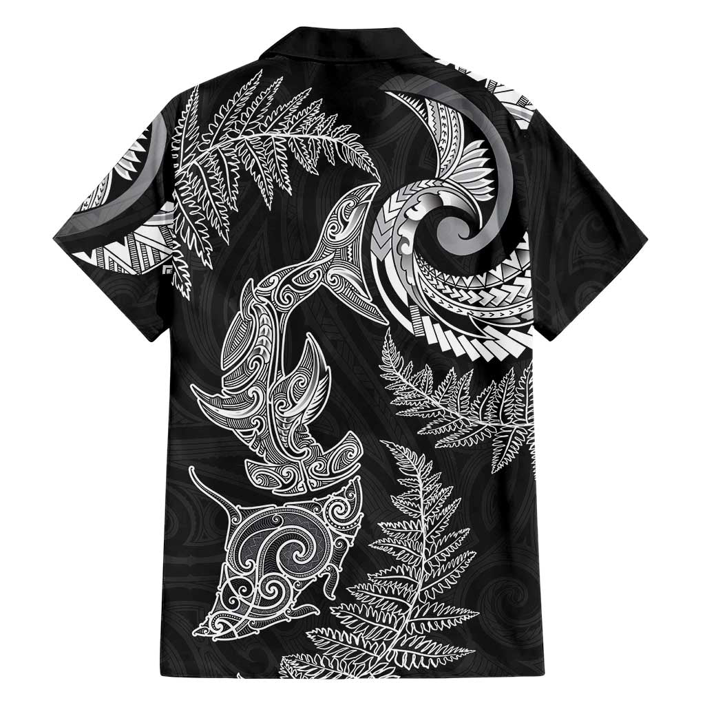 New Zealand Sea Animals with Maori Tribal Tattoo Family Matching Off Shoulder Short Dress and Hawaiian Shirt Shark Manta Ray with Silver Fern Black LT03 - Polynesian Pride