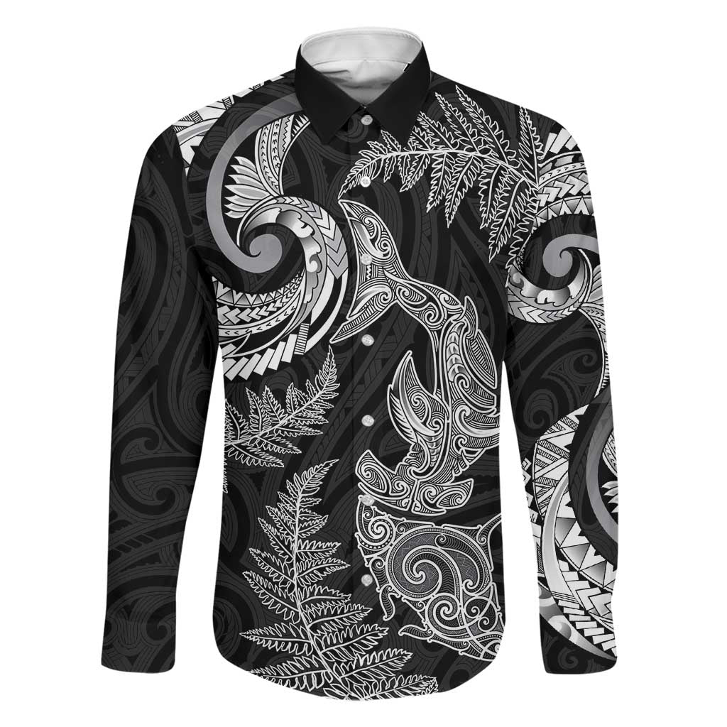 New Zealand Sea Animals with Maori Tribal Tattoo Family Matching Off Shoulder Short Dress and Hawaiian Shirt Shark Manta Ray with Silver Fern Black LT03 Dad's Shirt - Long Sleeve Black - Polynesian Pride