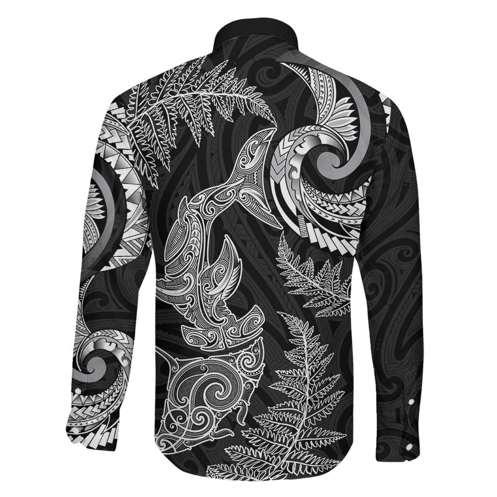 New Zealand Sea Animals with Maori Tribal Tattoo Family Matching Off Shoulder Short Dress and Hawaiian Shirt Shark Manta Ray with Silver Fern Black LT03 - Polynesian Pride