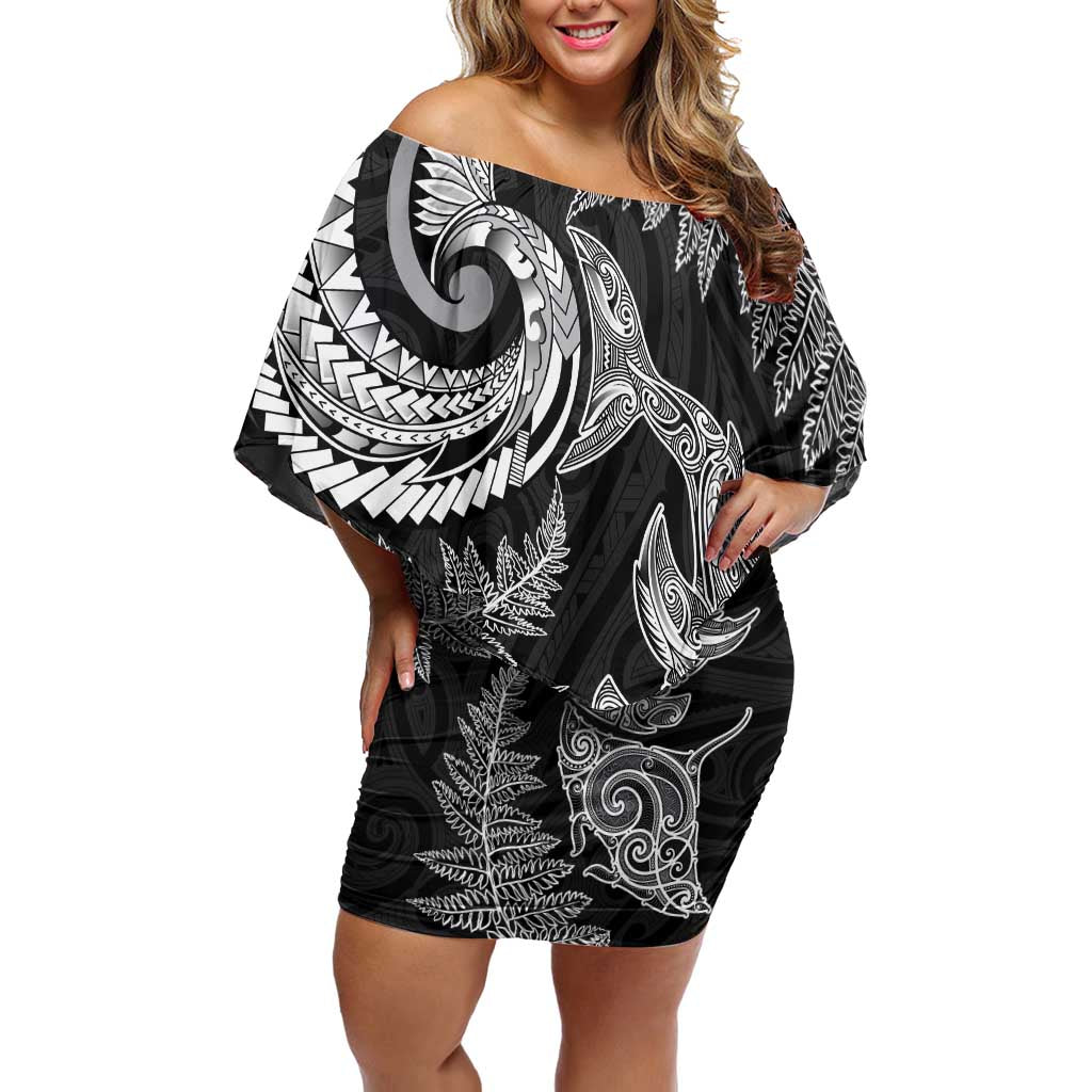 New Zealand Sea Animals with Maori Tribal Tattoo Family Matching Off Shoulder Short Dress and Hawaiian Shirt Shark Manta Ray with Silver Fern Black LT03 Mom's Dress Black - Polynesian Pride
