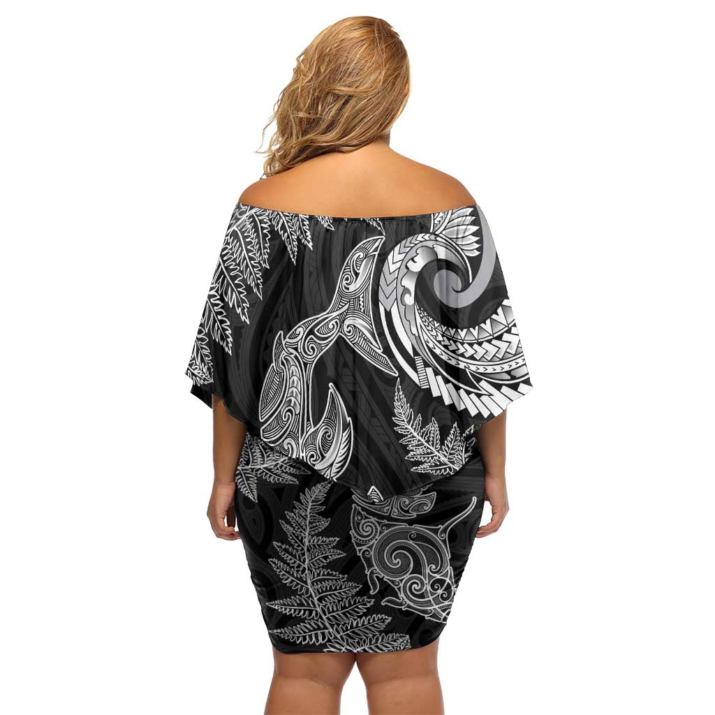 New Zealand Sea Animals with Maori Tribal Tattoo Family Matching Off Shoulder Short Dress and Hawaiian Shirt Shark Manta Ray with Silver Fern Black LT03 - Polynesian Pride