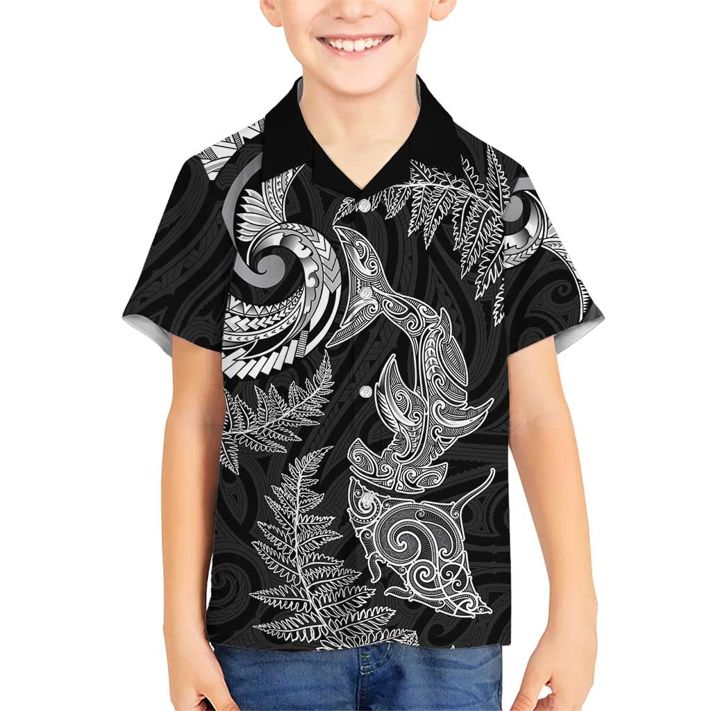 New Zealand Sea Animals with Maori Tribal Tattoo Family Matching Off Shoulder Short Dress and Hawaiian Shirt Shark Manta Ray with Silver Fern Black LT03 Son's Shirt Black - Polynesian Pride
