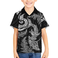 New Zealand Sea Animals with Maori Tribal Tattoo Family Matching Off Shoulder Short Dress and Hawaiian Shirt Shark Manta Ray with Silver Fern Black LT03 Son's Shirt Black - Polynesian Pride