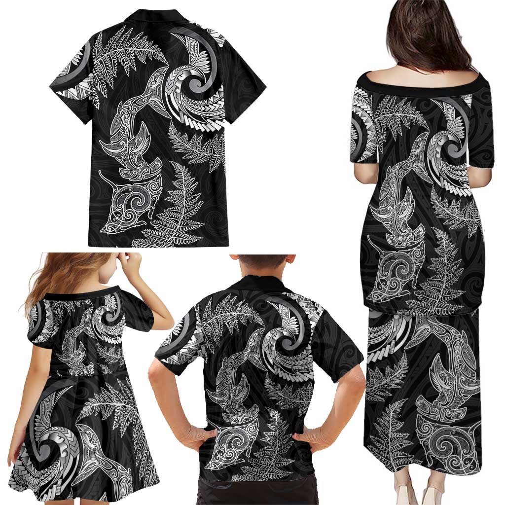 New Zealand Sea Animals with Maori Tribal Tattoo Family Matching Puletasi and Hawaiian Shirt Shark Manta Ray with Silver Fern Black