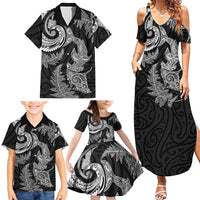 New Zealand Sea Animals with Maori Tribal Tattoo Family Matching Summer Maxi Dress and Hawaiian Shirt Shark Manta Ray with Silver Fern Black