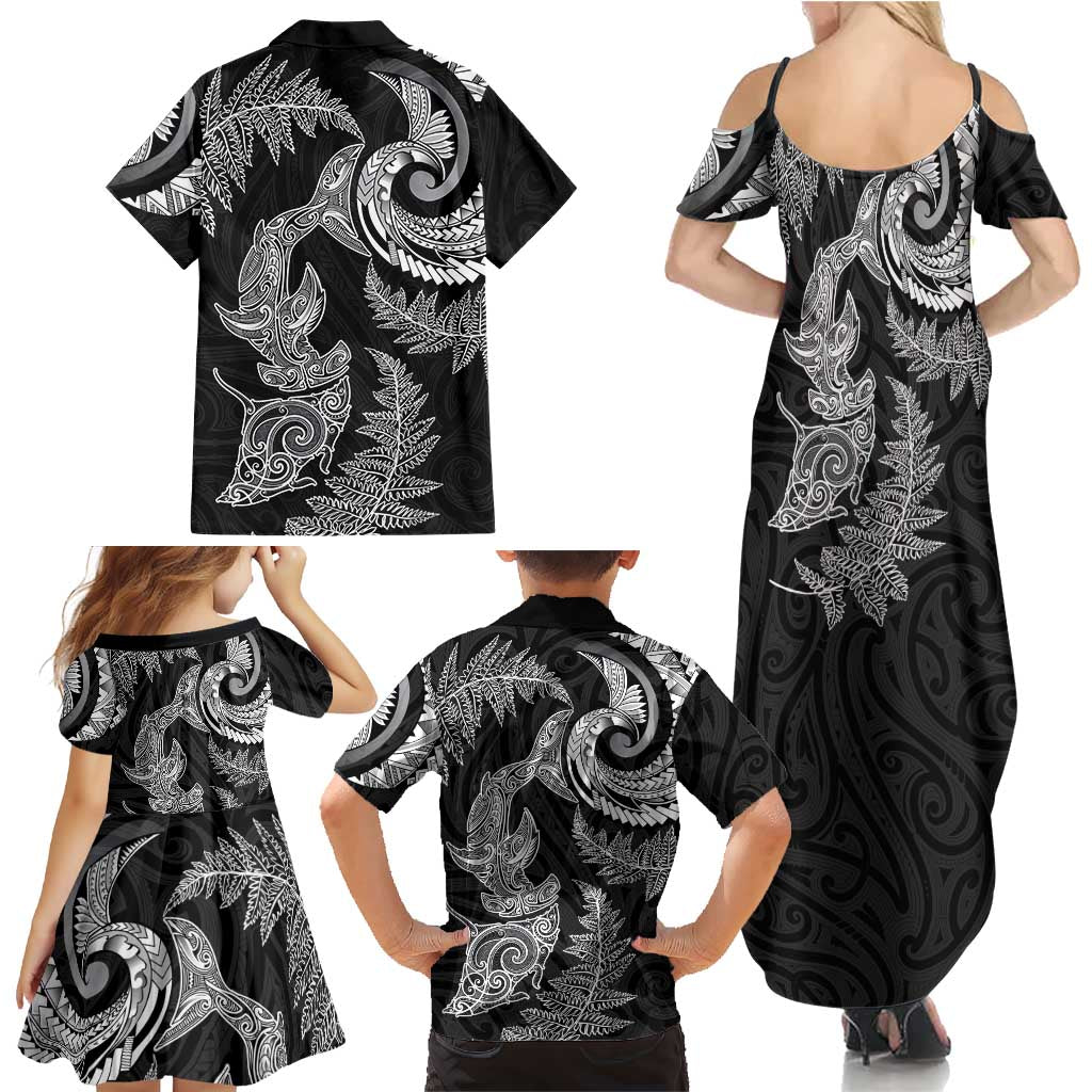 New Zealand Sea Animals with Maori Tribal Tattoo Family Matching Summer Maxi Dress and Hawaiian Shirt Shark Manta Ray with Silver Fern Black