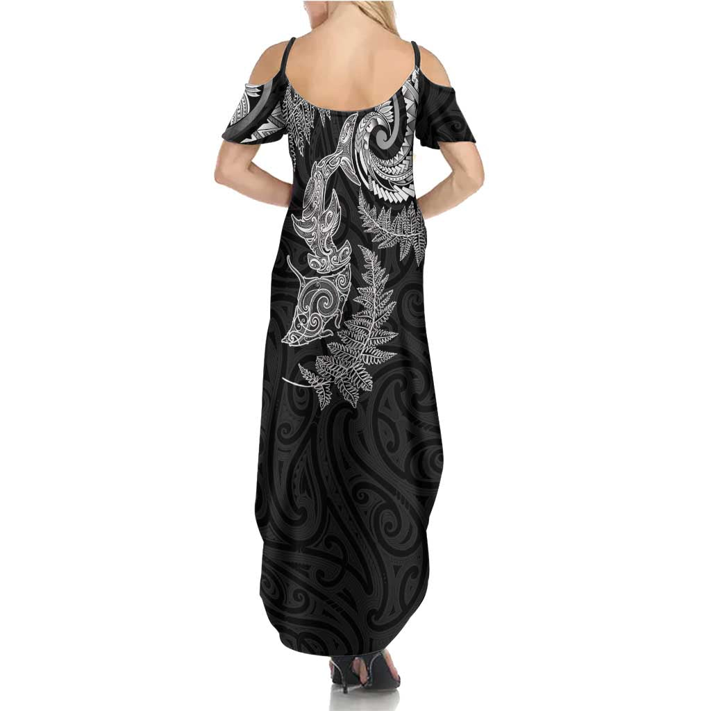 New Zealand Sea Animals with Maori Tribal Tattoo Family Matching Summer Maxi Dress and Hawaiian Shirt Shark Manta Ray with Silver Fern Black