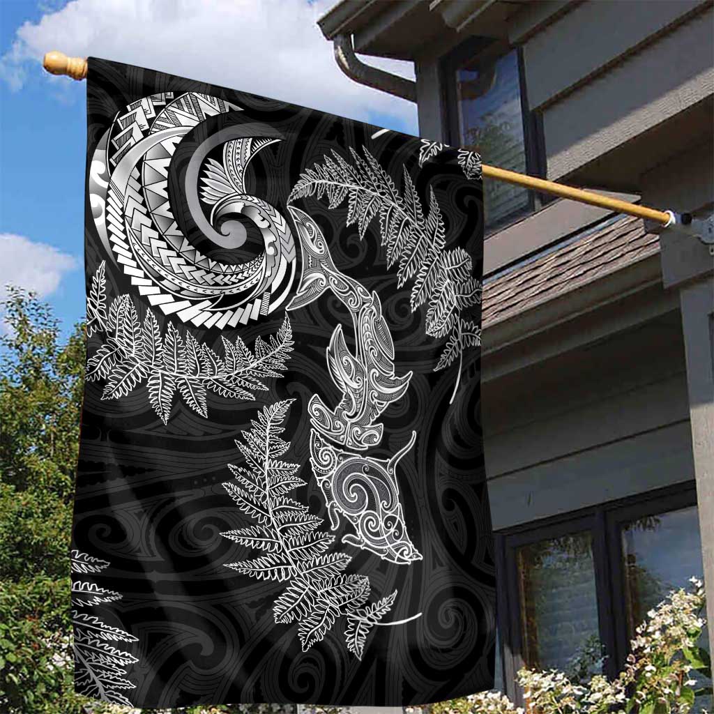 New Zealand Sea Animals with Maori Tribal Tattoo Garden Flag Shark Manta Ray with Silver Fern Black
