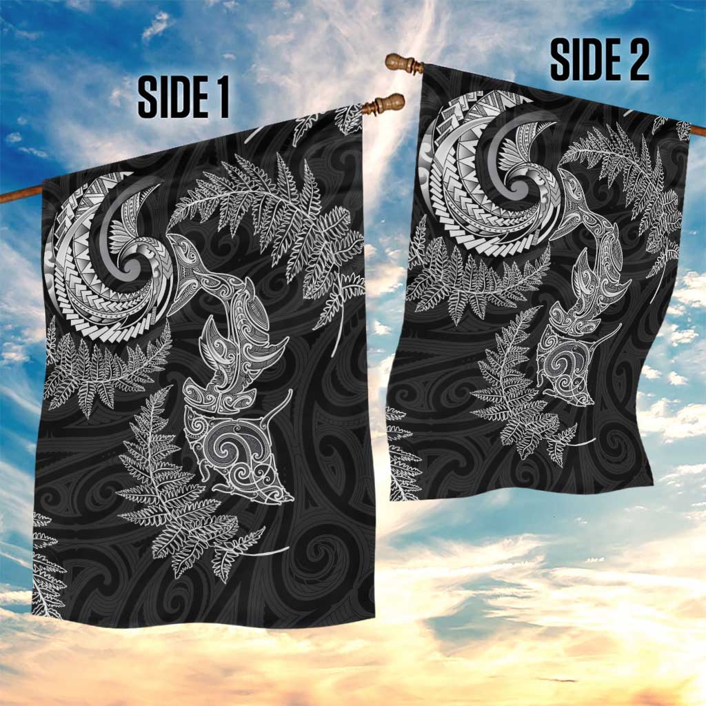 New Zealand Sea Animals with Maori Tribal Tattoo Garden Flag Shark Manta Ray with Silver Fern Black
