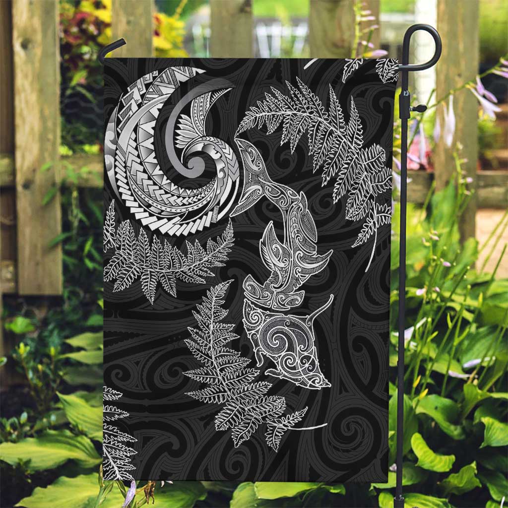 New Zealand Sea Animals with Maori Tribal Tattoo Garden Flag Shark Manta Ray with Silver Fern Black