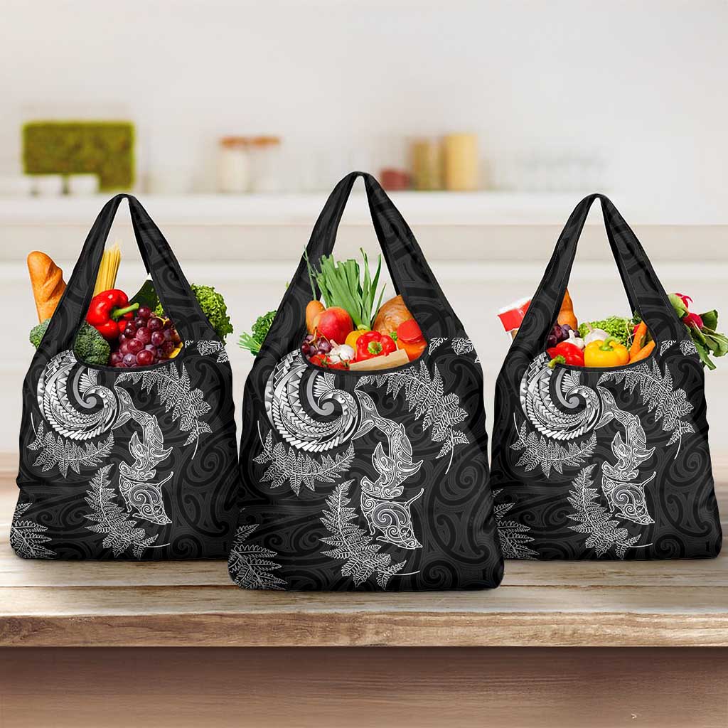 New Zealand Sea Animals with Maori Tribal Tattoo Grocery Bag Shark Manta Ray with Silver Fern Black