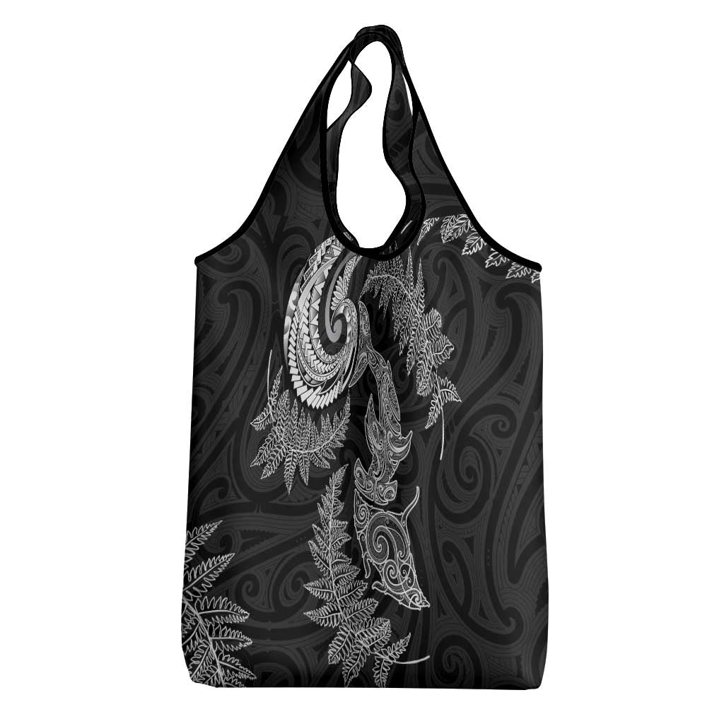 New Zealand Sea Animals with Maori Tribal Tattoo Grocery Bag Shark Manta Ray with Silver Fern Black