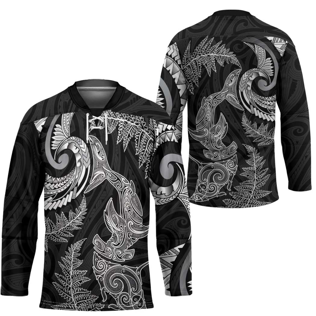 New Zealand Sea Animals with Maori Tribal Tattoo Hockey Jersey Shark Manta Ray with Silver Fern Black