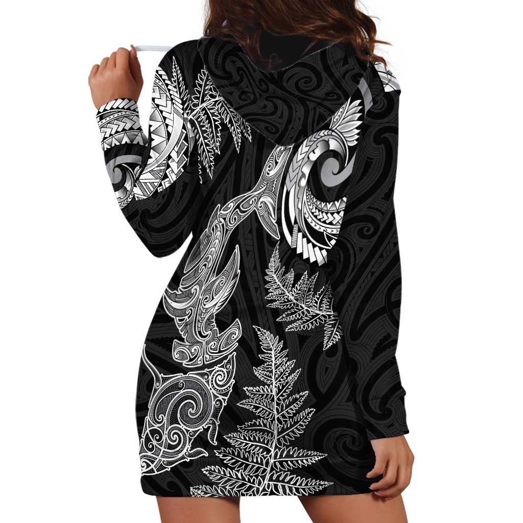 New Zealand Sea Animals with Maori Tribal Tattoo Hoodie Dress Shark Manta Ray with Silver Fern Black