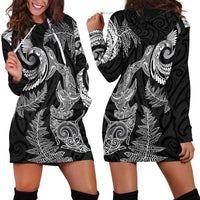 New Zealand Sea Animals with Maori Tribal Tattoo Hoodie Dress Shark Manta Ray with Silver Fern Black