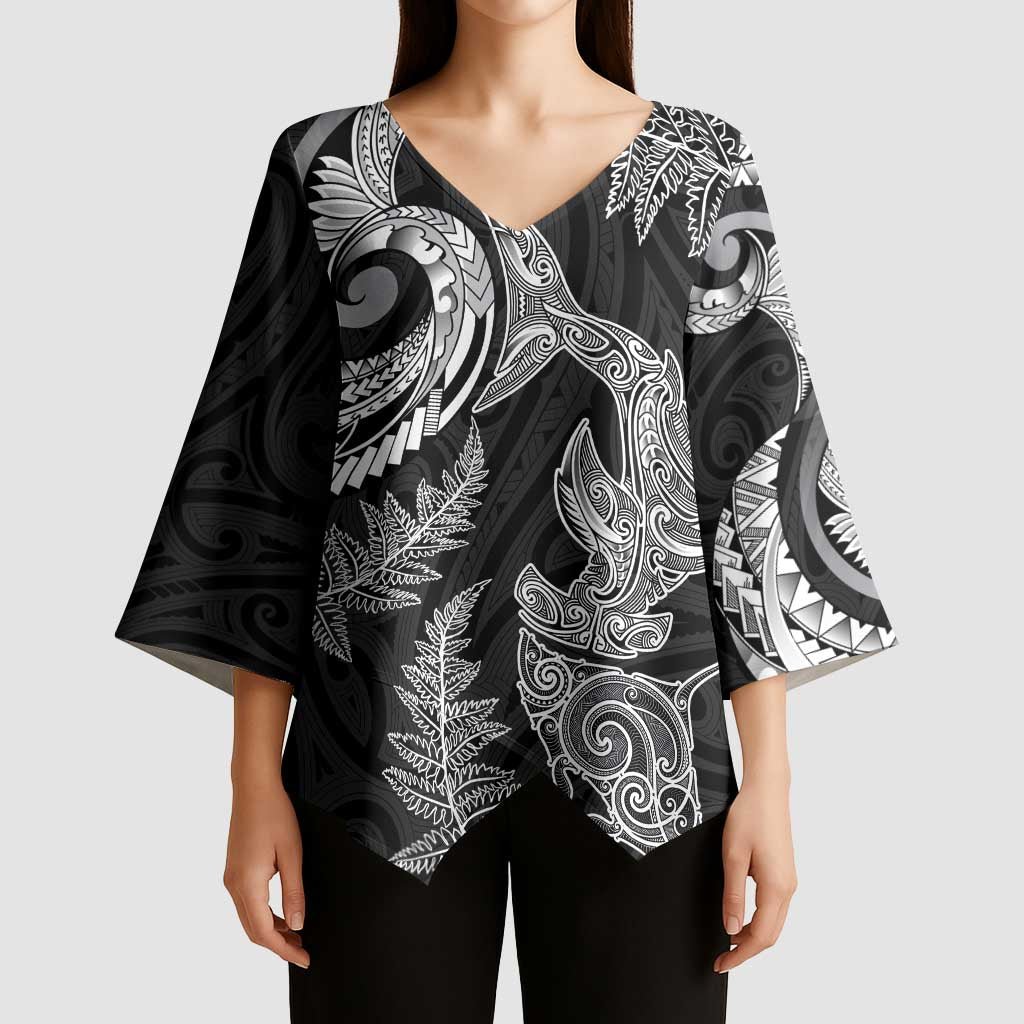 New Zealand Sea Animals with Maori Tribal Tattoo Kimono Sleeve Blouse Shark Manta Ray with Silver Fern Black