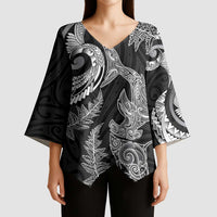 New Zealand Sea Animals with Maori Tribal Tattoo Kimono Sleeve Blouse Shark Manta Ray with Silver Fern Black