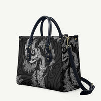 New Zealand Sea Animals with Maori Tribal Tattoo Leather Bag Shark Manta Ray with Silver Fern Black