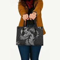 New Zealand Sea Animals with Maori Tribal Tattoo Leather Bag Shark Manta Ray with Silver Fern Black