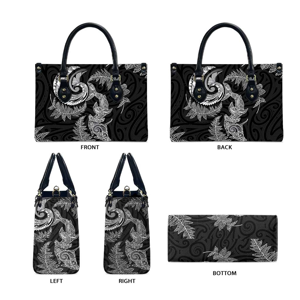 New Zealand Sea Animals with Maori Tribal Tattoo Leather Bag Shark Manta Ray with Silver Fern Black