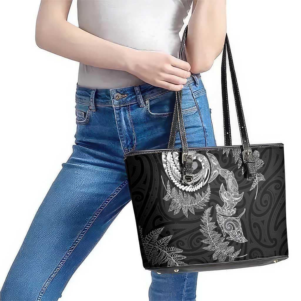 New Zealand Sea Animals with Maori Tribal Tattoo Leather Tote Bag Shark Manta Ray with Silver Fern Black