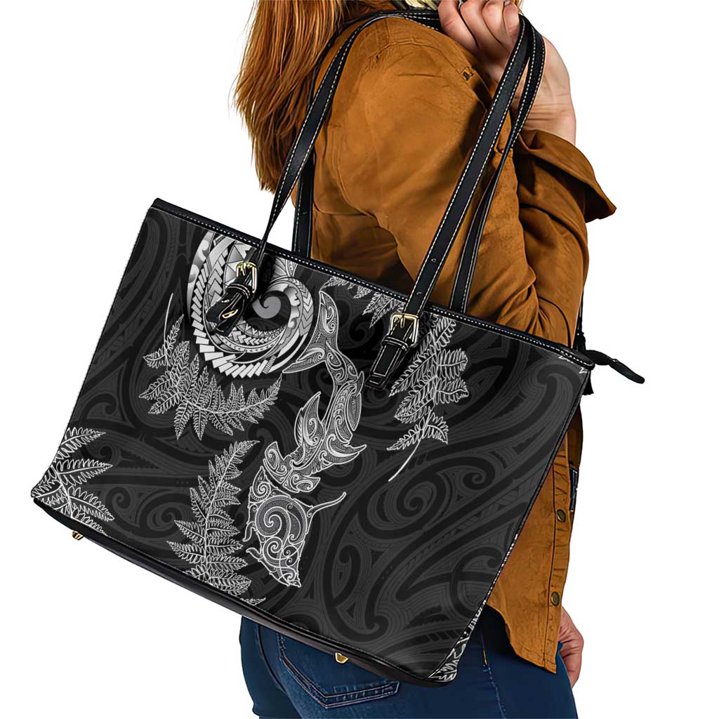 New Zealand Sea Animals with Maori Tribal Tattoo Leather Tote Bag Shark Manta Ray with Silver Fern Black