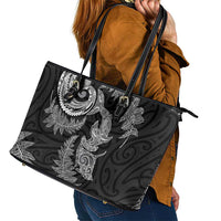 New Zealand Sea Animals with Maori Tribal Tattoo Leather Tote Bag Shark Manta Ray with Silver Fern Black
