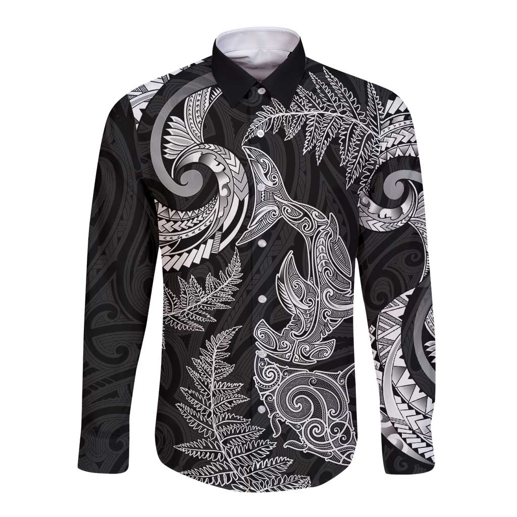 New Zealand Sea Animals with Maori Tribal Tattoo Long Sleeve Button Shirt Shark Manta Ray with Silver Fern Black