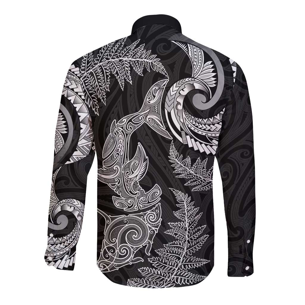 New Zealand Sea Animals with Maori Tribal Tattoo Long Sleeve Button Shirt Shark Manta Ray with Silver Fern Black
