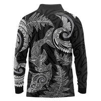 New Zealand Sea Animals with Maori Tribal Tattoo Long Sleeve Polo Shirt Shark Manta Ray with Silver Fern Black