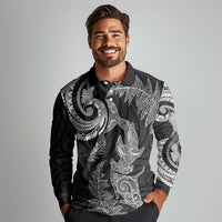 New Zealand Sea Animals with Maori Tribal Tattoo Long Sleeve Polo Shirt Shark Manta Ray with Silver Fern Black