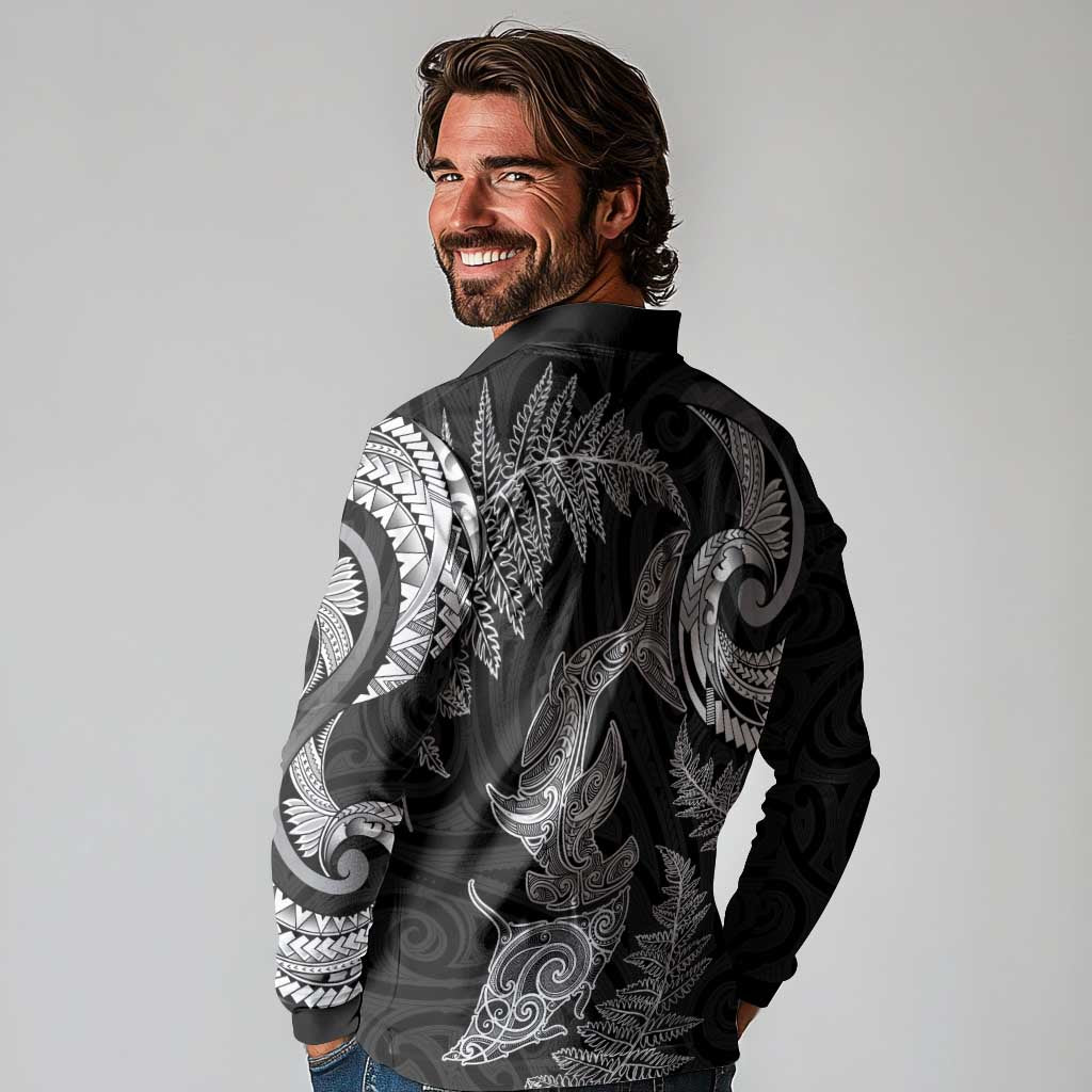 New Zealand Sea Animals with Maori Tribal Tattoo Long Sleeve Polo Shirt Shark Manta Ray with Silver Fern Black