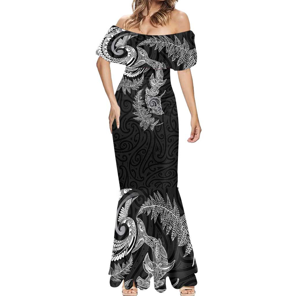 New Zealand Sea Animals with Maori Tribal Tattoo Mermaid Dress Shark Manta Ray with Silver Fern Black