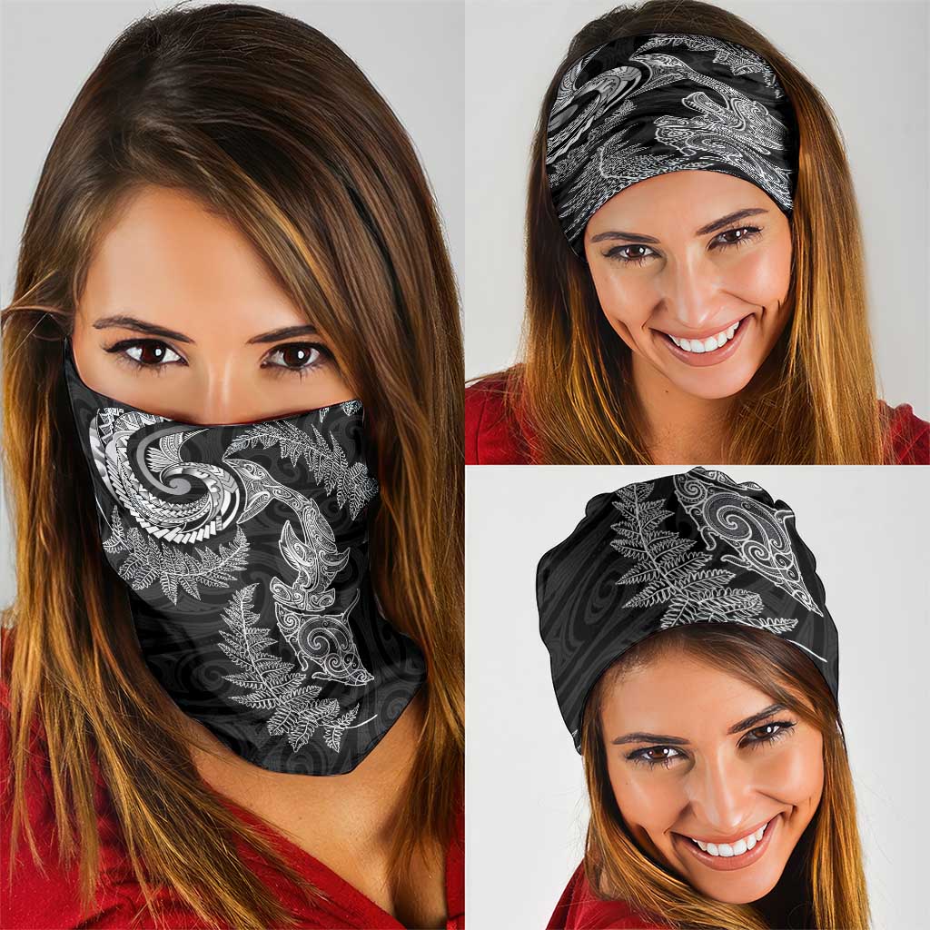New Zealand Sea Animals with Maori Tribal Tattoo Neck Gaiter Shark Manta Ray with Silver Fern Black